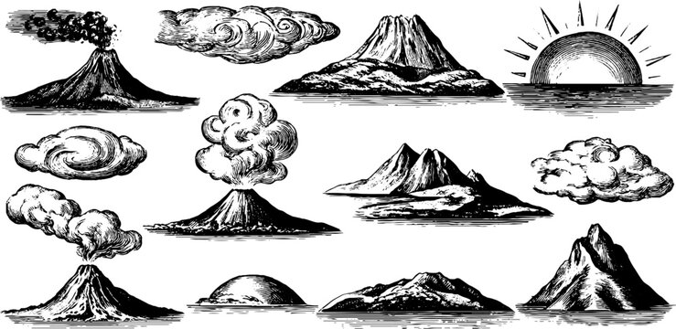 Vintage engraved clipart sheet of volcanic peaks plumes clouds and rising sun for decorative elements and banner backgrounds in monochrome etching style