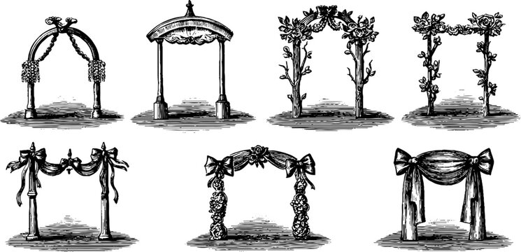 Vintage engraved wedding arch and lace clipart sheet with ornamental arches and bows for wedding invitation design and background