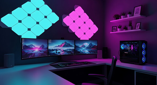A modern gaming setup featuring a desk with three monitors, a computer tower, and colorful LED light panels on the wall.