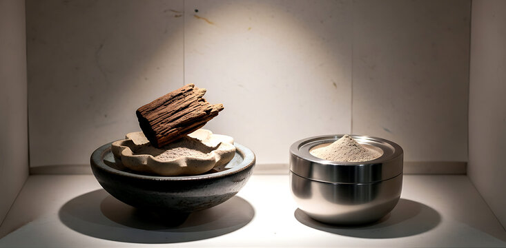 Wabi-sabi. a kōdō (incense appreciation) set a fragment of rare kyara wood on a kikyo flower-shaped in a ceramic kōro (incense burner), a simple silver incense container 