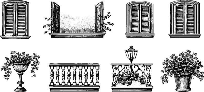 Vintage engraved assorted window shutters balustrades urns and flowerpots sheet for decorative architectural background and pattern design