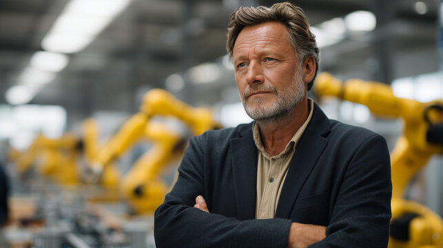 Senior male factory floor manager watches over a row of AI robotics manufacturing arms assembling circuit boards, arms crossed, oversight posture, industrial supervision, candid unposed leadership m