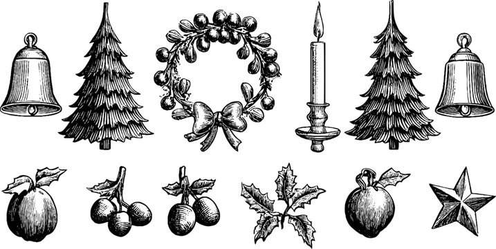 Vintage engraved winter fir wreaths bells holly berries candle and star clipart sheet for christmas holiday card decoration and label design