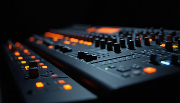 Professional audio mixer with illuminated buttons and faders. Electronic device for sound mixing in a studio or live setting. Controls for music production and live performance.