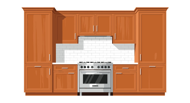 A modern kitchen interior features elegant wooden cabinetry, a high-end stainless steel stove, and a clean white subway tile backsplash design.