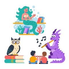Naklejka premium Mermaid Reading Books to Children with Dragon and Owl
