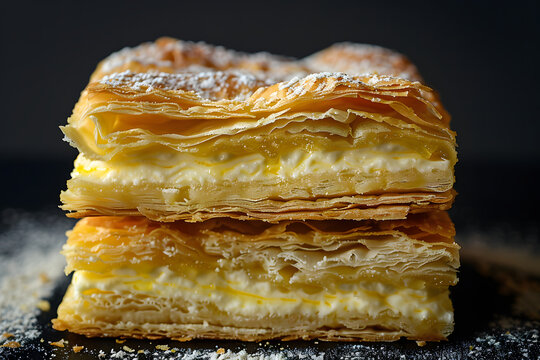Multilayer cake with cream on black background.