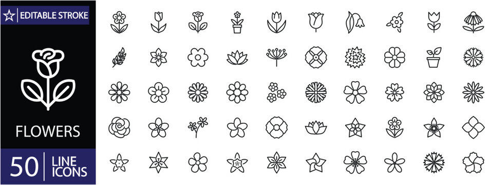 Flowers 50 icons set. Includes symbols of blooming flowers, floral elements, petals, leaves, and botanical designs. Editable stroke. Vector illustration. Outline icons.