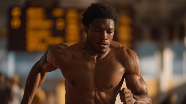Collegiate sprinter with athletic muscular build crossing indoor track finish line, split-time display visible overhead, performance data concept, speed training, athletic body composition, competit