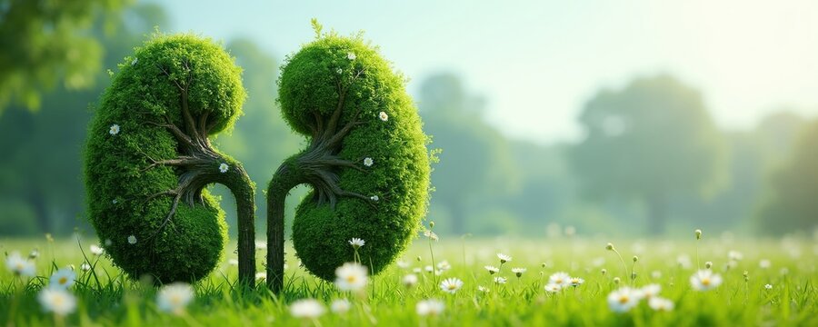 Green kidney shaped trees grow in a sunny meadow with daisies. Healthy organs symbolized by nature, growth, and renewal in a peaceful garden setting.