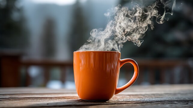 A steaming orange mug placed on a wooden table, its warmth contrasting with a blurred natural background, evoking a sense of coziness