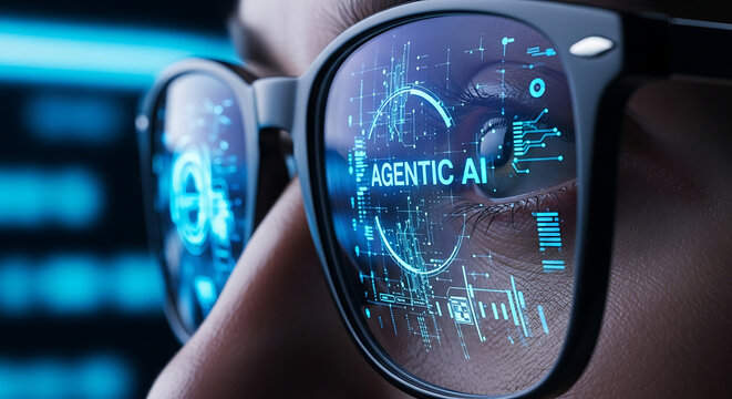 Close-up of a person wearing glasses with futuristic augmented reality interface displaying 'AGENTIC AI' and data visualizations.