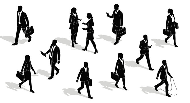 isometric business people silhouettes walking in a corporate crowd with one man holding a jump rope for a unique concept