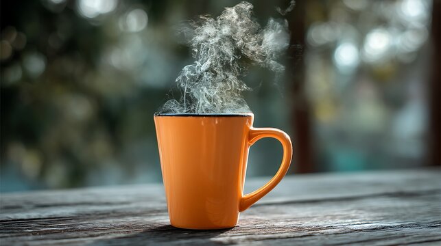 A steaming orange mug placed on a wooden table, its warmth contrasting with a blurred natural background, evoking a sense of coziness