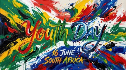 Fototapeta premium Abstract artistic “Youth Day” lettering formed by brush strokes, South African flag colors blending into expressive paint motion in the background, energetic composition, painterly style, no figures