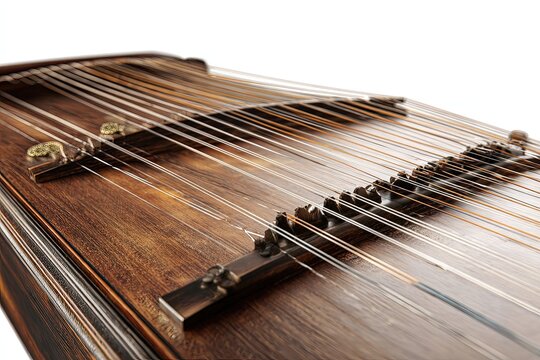 Angled View of a Traditional Zither on White Background, Close-Up