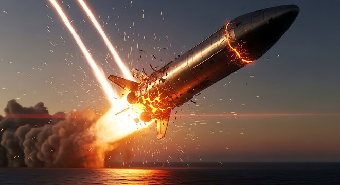 rocket explosion and starship failure in a dramatic space disaster over the ocean depicting a catastrophic technological accident at sunset