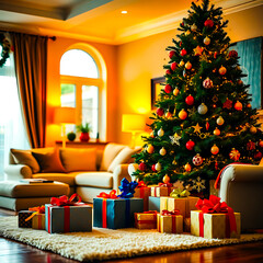 Obraz premium Cozy Christmas Scene: A beautifully decorated Christmas tree, adorned with twinkling lights and ornaments, stands proudly in a warm, inviting living room filled with wrapped gifts.