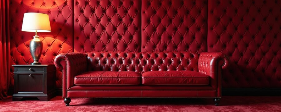 Luxurious red leather sofa and tufted wall provide rich interior setting. Side table with lamp adds cozy ambiance to the elegant living room space.