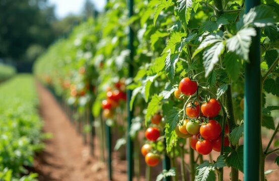 Red tomatoes grow on green plants in a sunny garden. Plants are staked vertically along a path. Ripe fruits ripen on vines. Healthy produce matures outdoors.