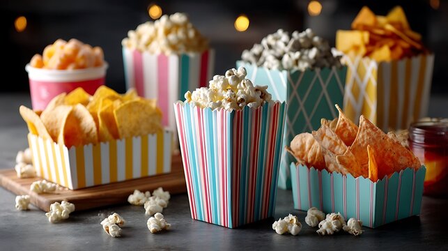 A variety of movie night snacks including popcorn, chips, and nachos arranged in striped boxes, inviting and cozy