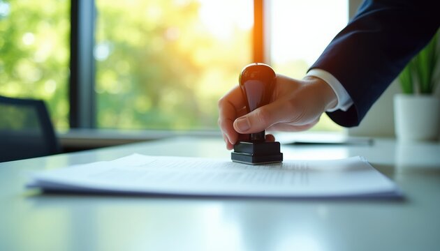 Business person hand holding stamp ready to mark contract paper. Approving legal document on office desk. Official paperwork approval and verification concept.