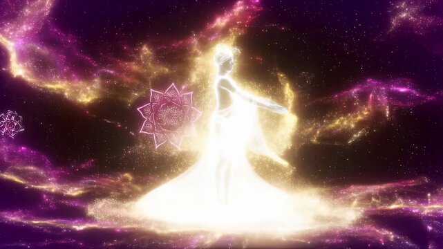 Ethereal figure surrounded by cosmic energy and mandala patterns. Represents spirituality, transformation, and the connection between the universe and self