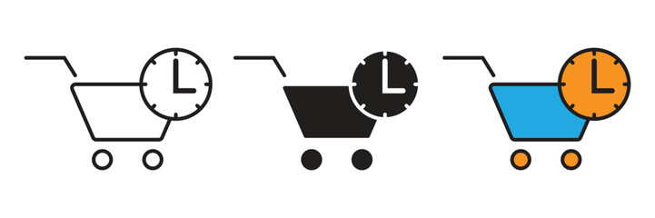 Shopping Cart with Clock Vector Icon. E commerce shopping cart combined with a clock face, symbolizing express delivery, fast shipping, limited time offers, and efficient order processing. © sunaerih