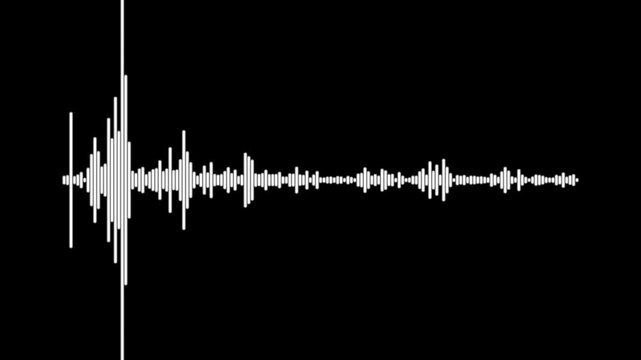 Music visualizer animation with white waveform spectrum and rhythmic sound lines on solid black background smooth looping digital motion graphics ultra sharp 4K
