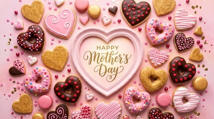 Heart shaped cookies and donuts decorated for Mother's Day celebration with elegant calligraphy in a pink frame background