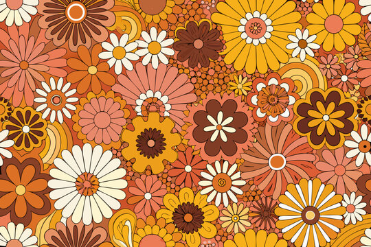 Floral pattern with daisies in seventies style autumn colors
