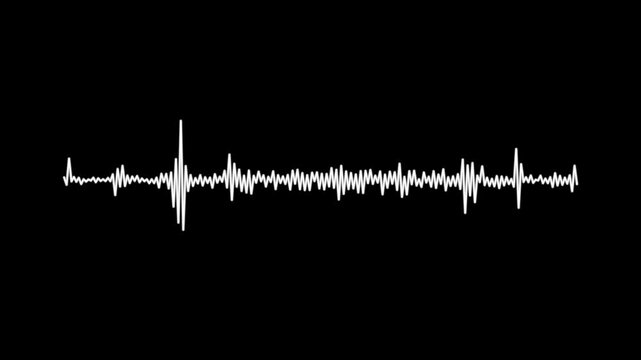 Abstract audio waveform animation with glowing white frequency lines and equalizer effect on solid black background smooth looping modern motion graphics ultra sharp 4K