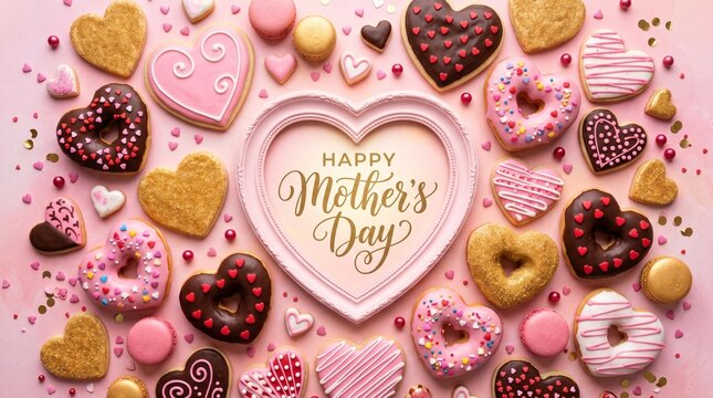 Heart shaped cookies and donuts decorated for Mother's Day celebration with elegant calligraphy in a pink frame background