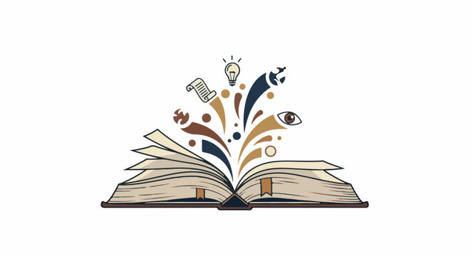 Open book with colorful abstract shapes and icons exploding upwards