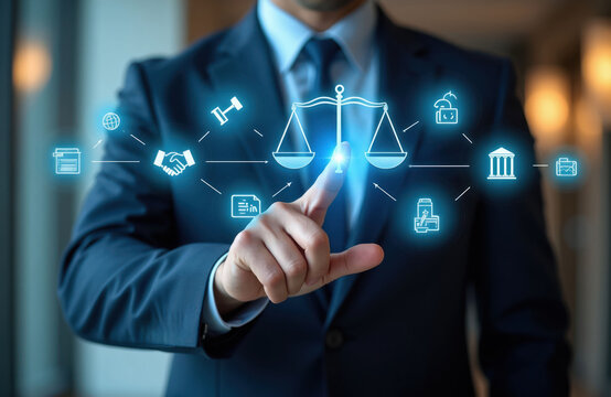 Businessman touches digital interface with law icons, scales of justice, and handshake symbol. Digital legal technology concept, virtual law office interaction, online justice system access.