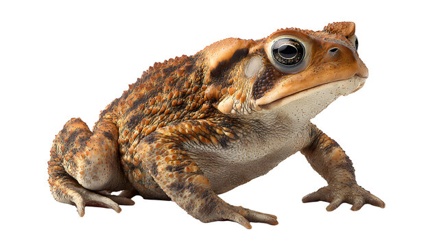 amphibian cutout of cane toad, warty skin texture and lifelike natural stance, sharp focus, clean edges high definition, isolated on white background