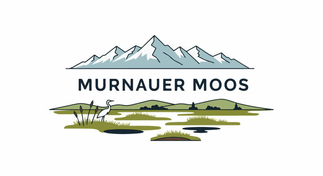 Mountain peaks above a marsh with a wading bird and reeds