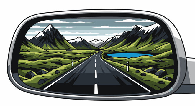 Mountain vista road reflected in a car's side mirror