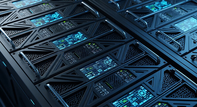 Close-up view of a futuristic server rack with glowing blue digital displays and intricate metallic grid patterns.
