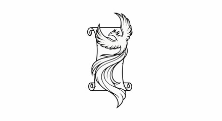 Fototapeta premium Mythical bird with flowing tail feathers on a scrolled parchment