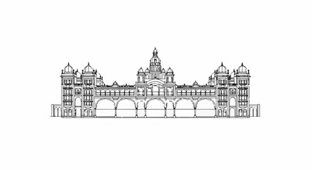 Obraz premium Ornate architectural sketch of a grand building with multiple domes and arches