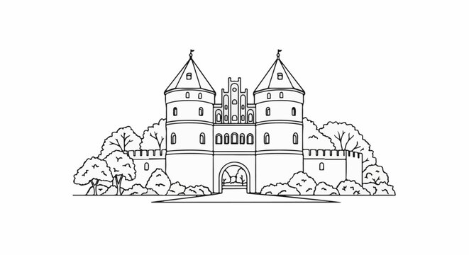 Ornate medieval gatehouse with two tall turrets and surrounding trees