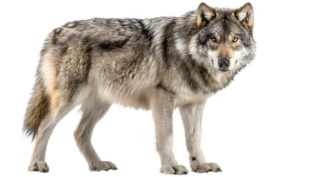 animal portrait cutout of gray wolf standing in natural pose with dense fur and intense expression, sharp focus, clean edges high definition, isolated on white background