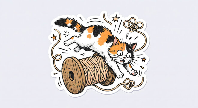 Funny sticker of an energetic calico cat jumping over a large wooden spool of thread. Retro textured digital illustration of a playful kitten with dynamic action lines for scrapbooking and crafts.