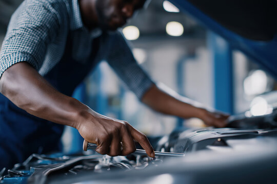 A blurred blue-clad mechanic shines a bright flashlight while inspecting a gleaming car engine compartment.