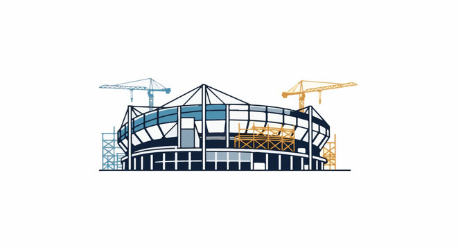 Modern stadium under construction with cranes and scaffolding