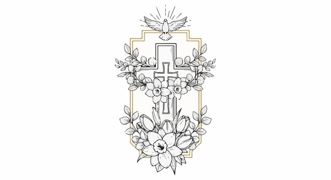 Ornate cross with dove and floral wreath, symbolic of faith and new beginnings