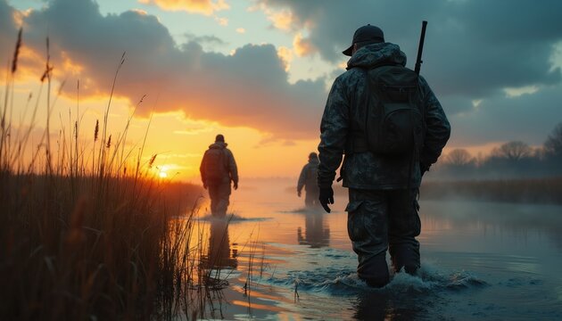 Hunters walk in marsh at sunrise. Men with guns wade through water in mist. They wear camouflage, carrying backpacks for bird hunting at dawn.