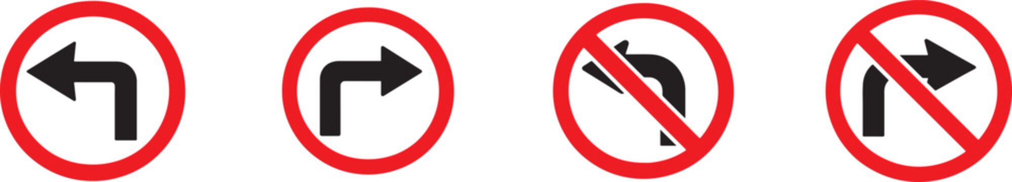 Traffic sign icon set with turn directions allowed and prohibited symbols for road safety use.