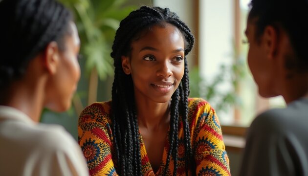 Three Black women talk together indoors. Two women face away, one in front smiles gently listening. Diverse friends share thoughts in casual conversation setting, engaged in dialogue.